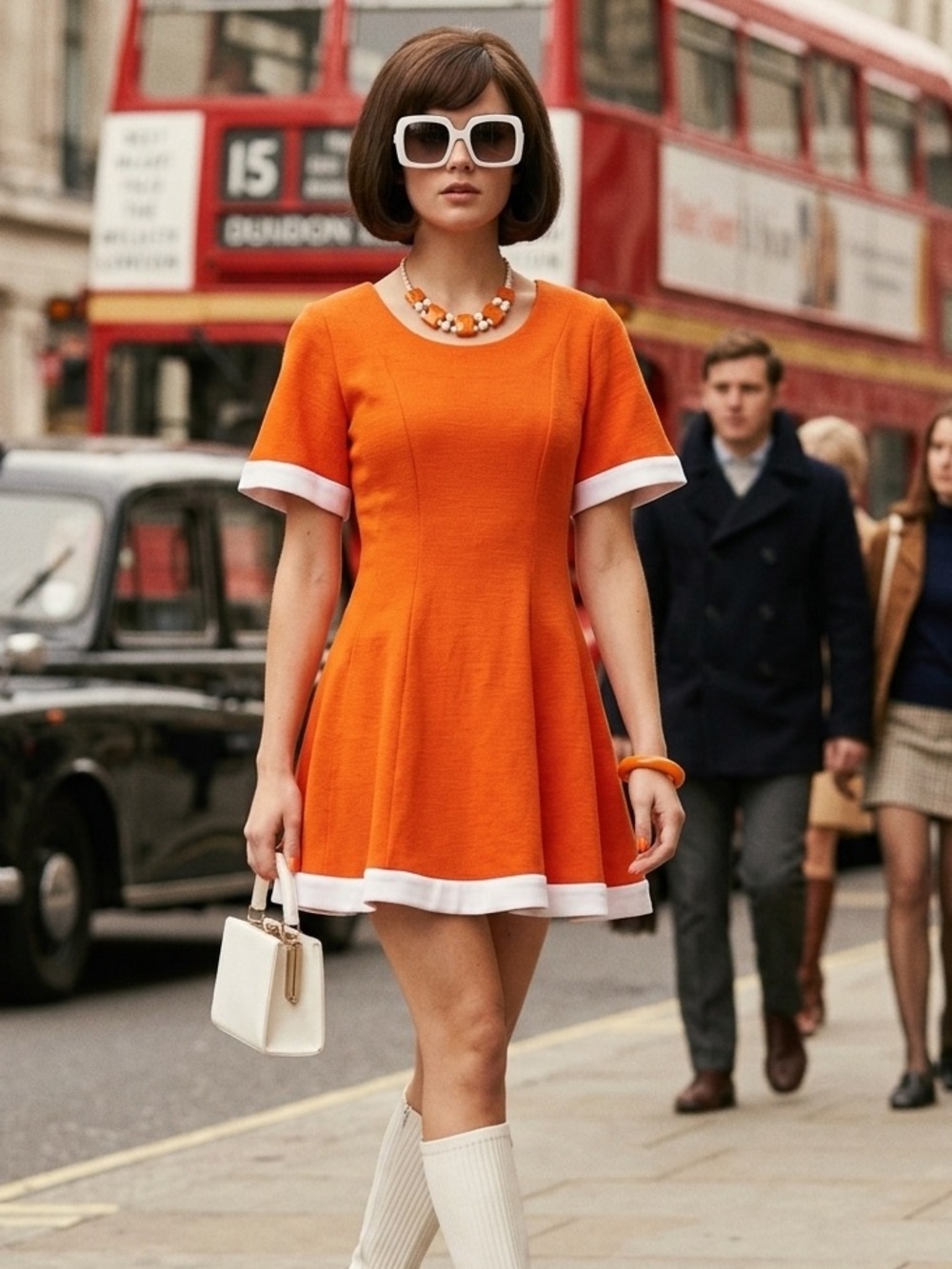 Vintage 60s Mod Micro Mini Dress /
Vibrant Orange White Contrast Fit and Flare S